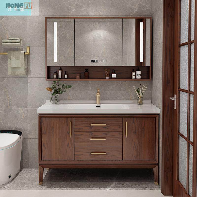 鸿福嘉月新中式红橡木一体陶瓷盆落地浴室柜智能镜柜组合洗漱池盆