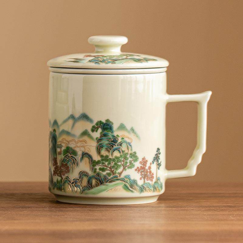 秘黄釉山水泡茶杯个人专用马克杯带盖茶水分离杯子中式陶瓷办公杯