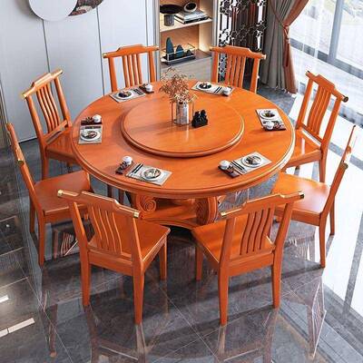 新中式实餐桌椅组合形家用简约圆餐桌木带转VRR盘酒店圆桌吃饭桌