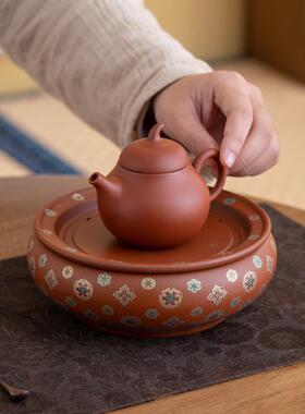 茶盘泥宝相纹传统朱家用陶瓷蓄水壶承轻奢茶干85093泡盘台壶承可