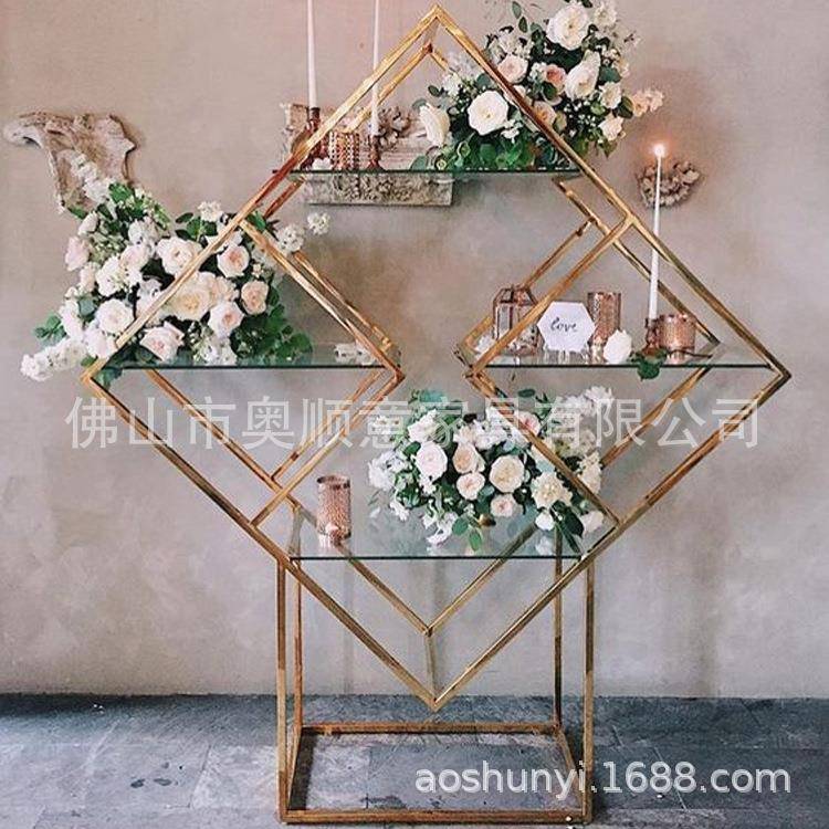 婚家六具金边形属三层玻璃搁架酒架MCH不锈礼钢花架