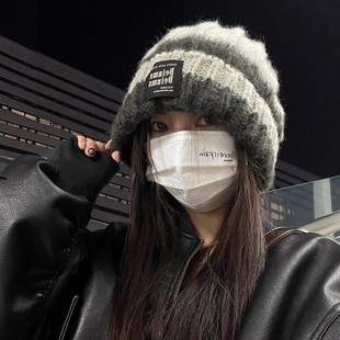 毛线帽女秋冬季拼色条纹大头围粗显脸小针织帽子男女同款堆堆帽子