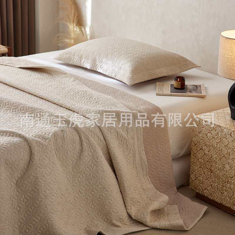 高端天丝棉麻床盖三件套轻奢简约纯色夹棉绗缝大床单四季通用床品