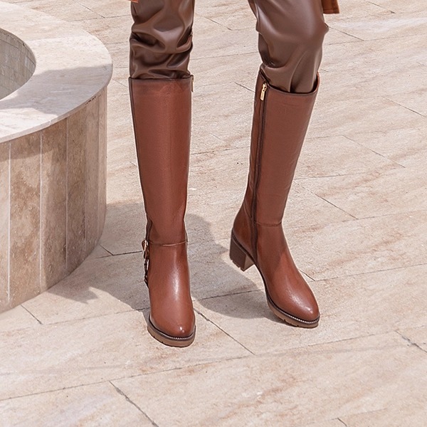 派高雁冬季侧拉链长筒骑士靴