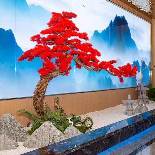 仿真松树造景大型红色崖柏迎客松新中式酒店橱窗室内装饰造景绿植