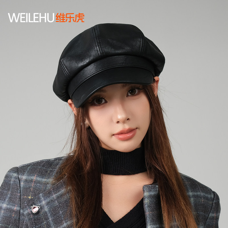 鸭舌八角帽子皮质贝雷帽女春夏款2026新款报童帽显脸小画家帽春夏