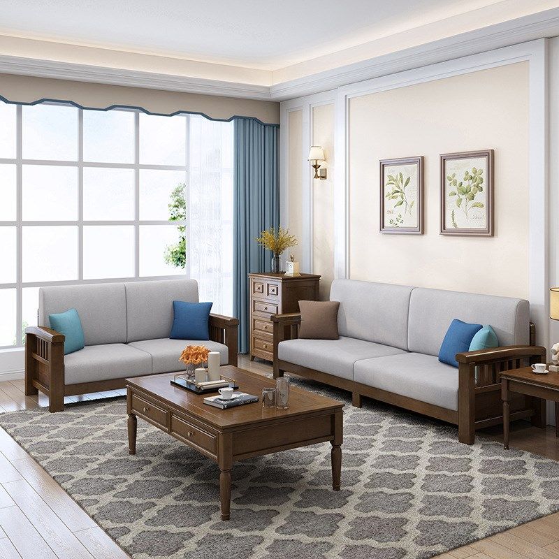 美式全实木沙发组合布艺客厅现代简约家具经济小户型转角贵妃沙发