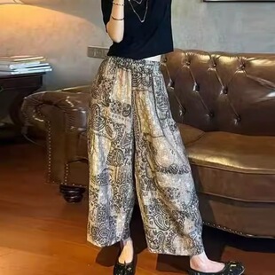 松紧高腰显瘦宽松直筒垂感弯刀裤 薄款 子 女夏季 冰丝棉麻印花阔腿裤