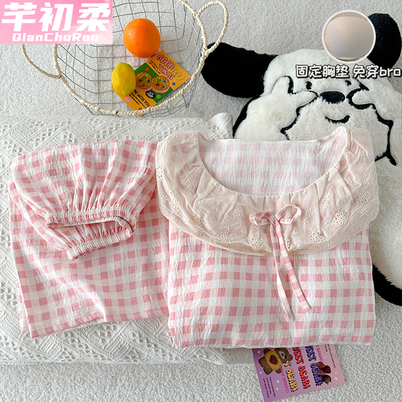 公主风带胸垫皱褶夏季娃娃领睡衣