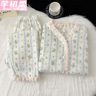 法兰绒睡衣女新款冬季珊瑚绒绿色加绒加厚保暖长袖开衫家居服套装