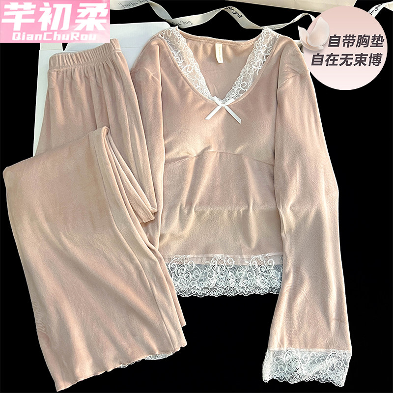 海岛绒带胸垫春秋冬季睡衣女蕾丝花边蝴蝶结纯欲风纯色保暖家居服,女士内衣/男士内衣/家居服,睡衣/家居服套装,淘宝优惠券,粉丝福利购,淘宝优惠卷