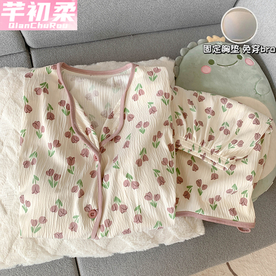 带胸垫睡衣女夏季薄款皱褶肌理感