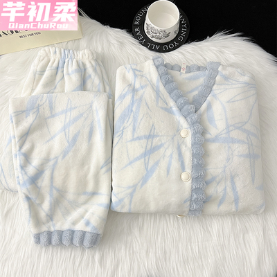 法兰绒睡衣女新款冬季珊瑚绒绿色