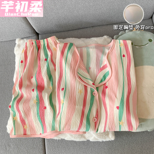 薄款 套装 皱褶肌理感卡通可爱开衫 短裤 家居服短袖 带胸垫睡衣女夏季
