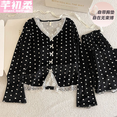 海岛绒睡衣女春秋冬季长袖花边