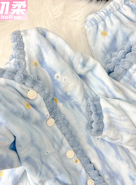 法兰绒睡衣女新款冬季珊瑚绒绿色加绒加厚保暖长袖开衫家居服套装