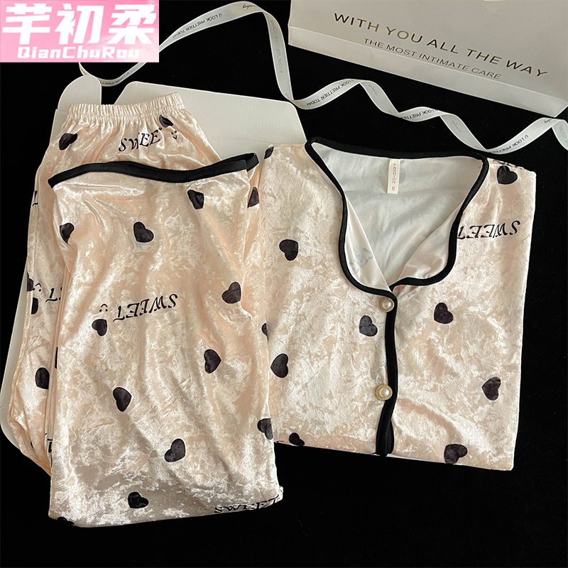 金丝绒公主开衫女睡衣套装