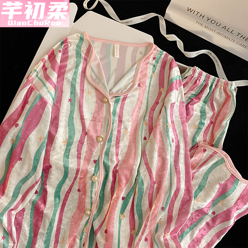 金丝绒公主开衫女睡衣套装