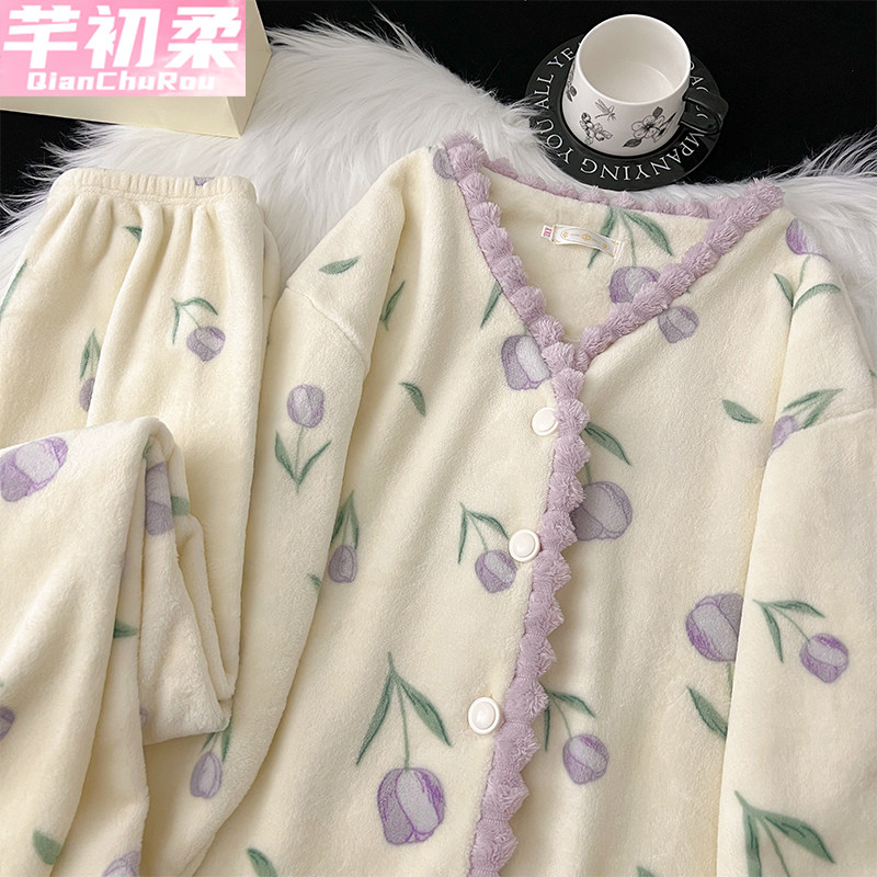 法兰绒睡衣女新款冬季珊瑚绒绿色