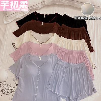 睡衣女夏季带胸垫一体短袖短裤