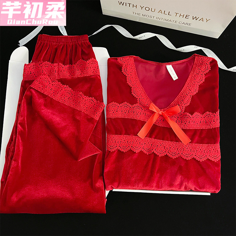 金丝绒睡衣女春秋冬季2025新款网红爆款高级感长袖花边套装家居服,女士内衣/男士内衣/家居服,睡衣/家居服套装,淘宝优惠券,粉丝福利购,淘宝优惠卷