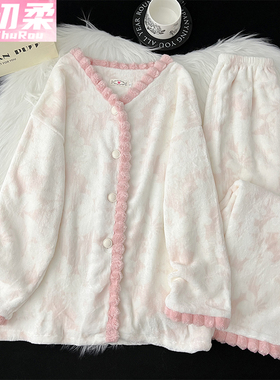 法兰绒睡衣女新款冬季珊瑚绒绿色加绒加厚保暖长袖开衫家居服套装