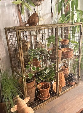 铁丝笼子复古做旧青苔锈色壁挂置物架瓦盆收纳花园装饰606020