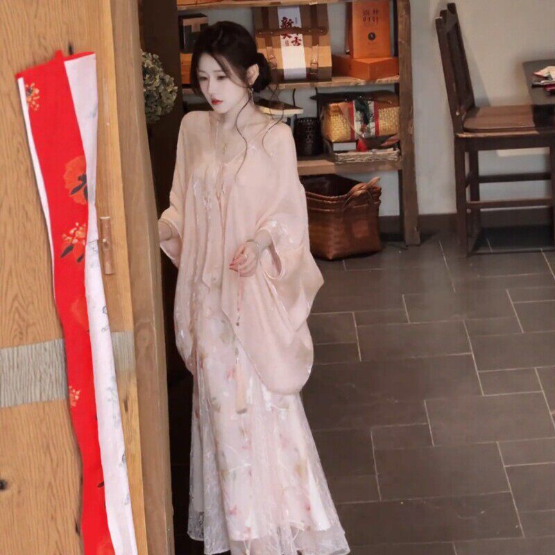 温柔风气质绝美粉色罩衫蕾丝吊带连衣裙女装2026春夏新款仙气套装