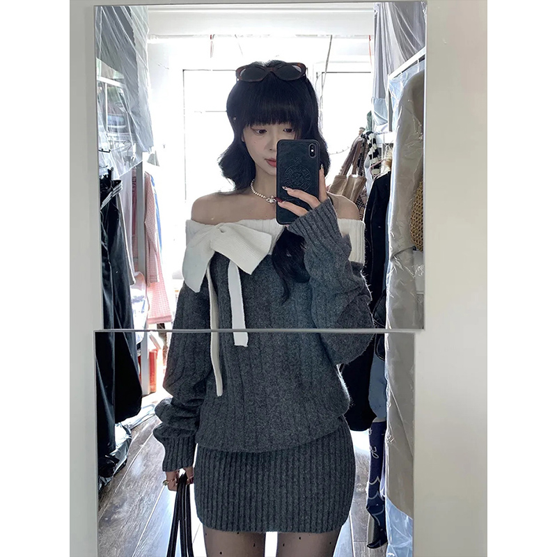 纯欲辣妹灰色一字肩蝴蝶结长袖针织毛衣+包臀短裙子两件套女秋冬