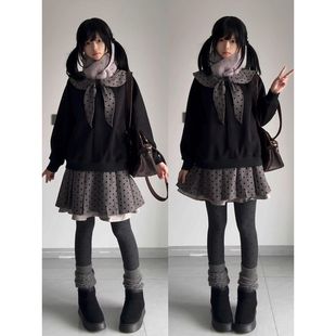 雾影序曲 秋冬新款日系古早学院风围巾领蝴蝶结上衣波点半裙套装