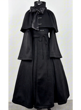 复古暗黑系哥特风套装女冬季新款黑色斗篷披肩+长款连衣裙两件套