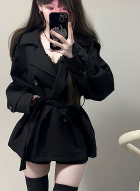 纯欲风复古双排扣风衣女春秋新款小个子高级感黑色收腰短款外套