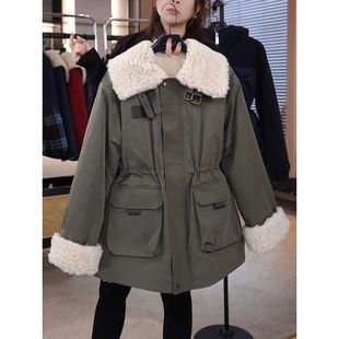 港式复古翻领羊羔毛外套女装2025冬季款收腰显瘦派克服休闲棉服