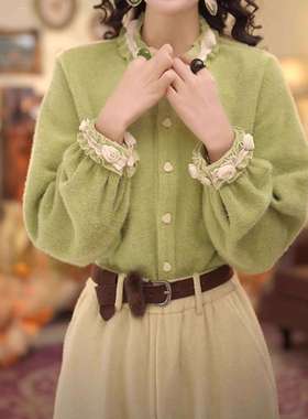 法式复古风温柔花边领针织衬衫女2025冬季新款时尚洋气高级感上衣