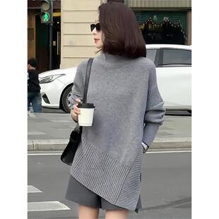 秋冬中长款高领毛衣女款2026新款冬季慵懒高级感不规则开叉针织衫