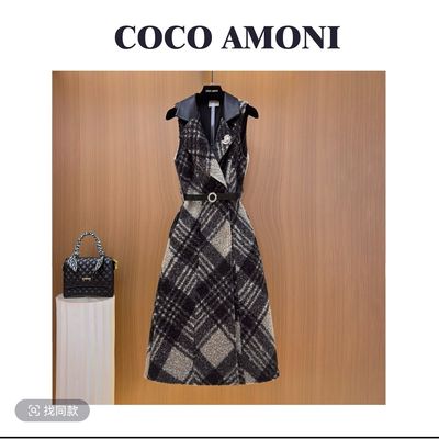 曼姐秋冬季时尚设计师爆款女装拼接收腰显瘦气质连衣裙WXH1166