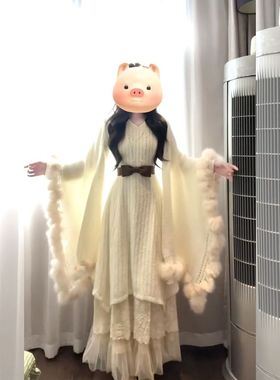 韩系秋冬千金风气质优雅白色假两件连衣裙子+内衬加长纱裙两件套