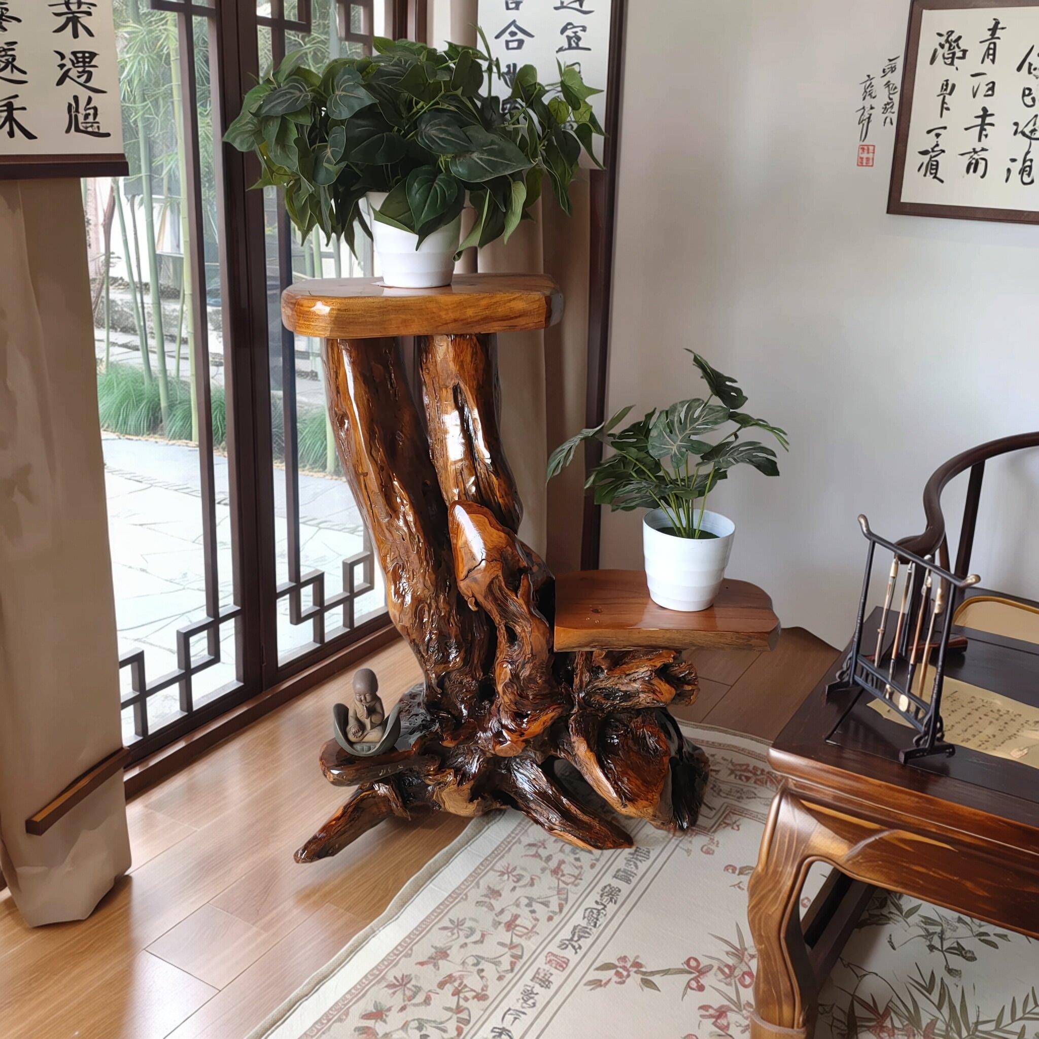 天然根雕花架木雕底座原盆景鱼缸落地实木多层树根室内外阳台摆件