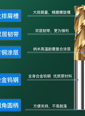 硬质合金钨钢涂层圆鼻刀加硬HRC65度牛鼻平底立铣刀钢用CNC数控刀