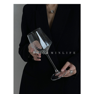 Qumin 小众高脚圆口八棱角玻璃杯酒杯高级感家用杯红酒杯葡萄酒杯