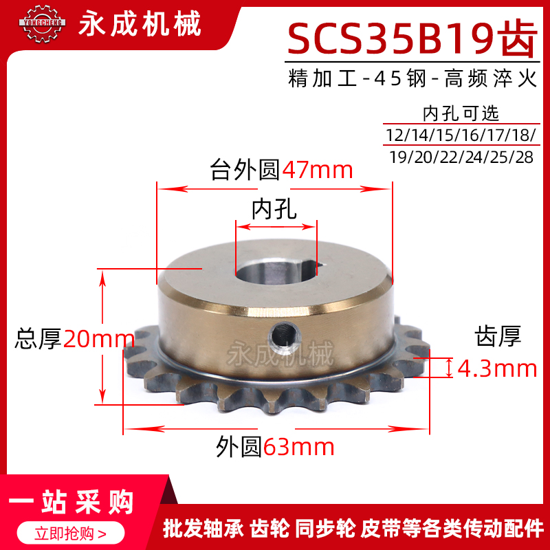 SCS高品质成型孔链轮3分5 35B19齿06C19T外径63精车内孔键槽顶丝