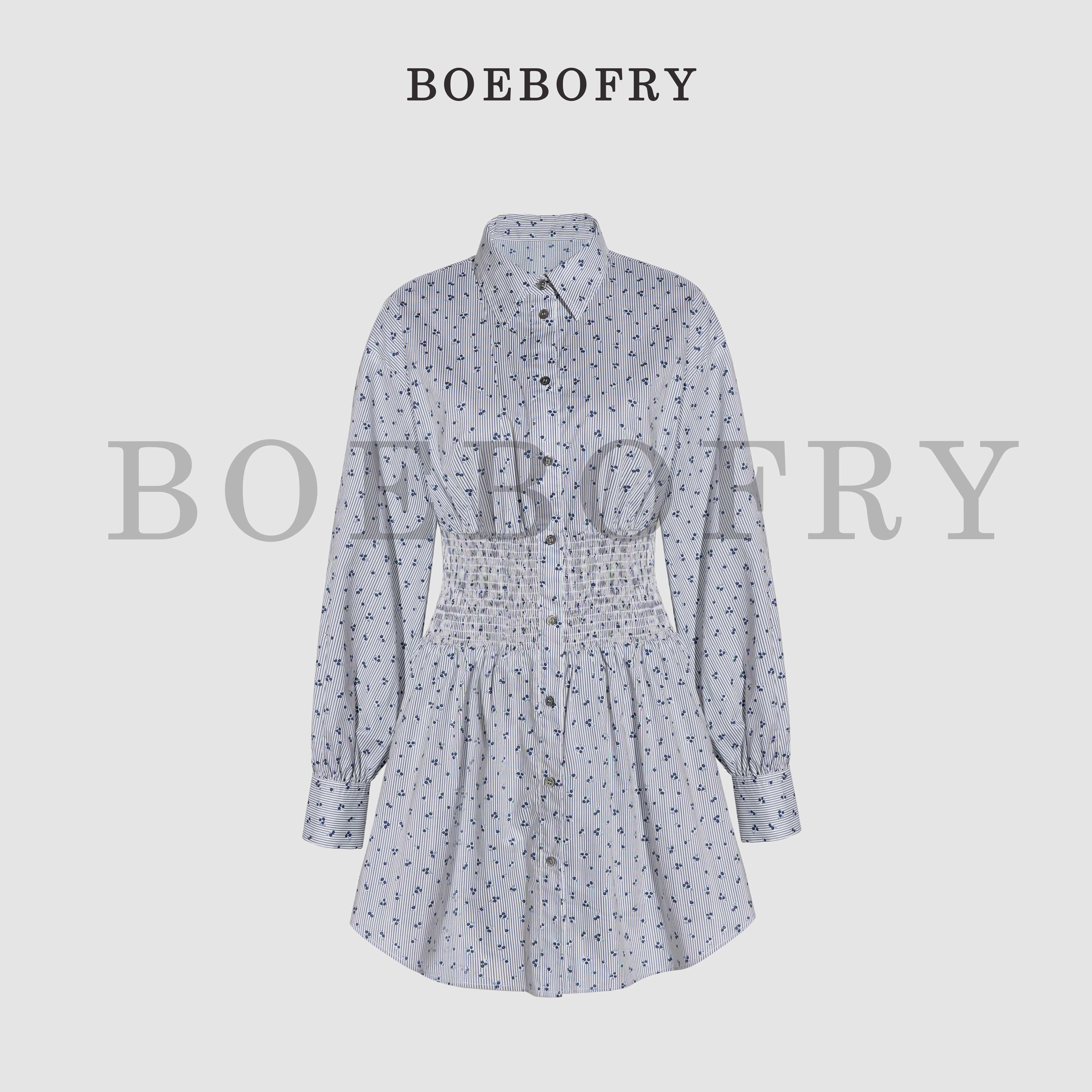 雾蓝絮语新款长袖收腰女士花衬衫BE3L1015