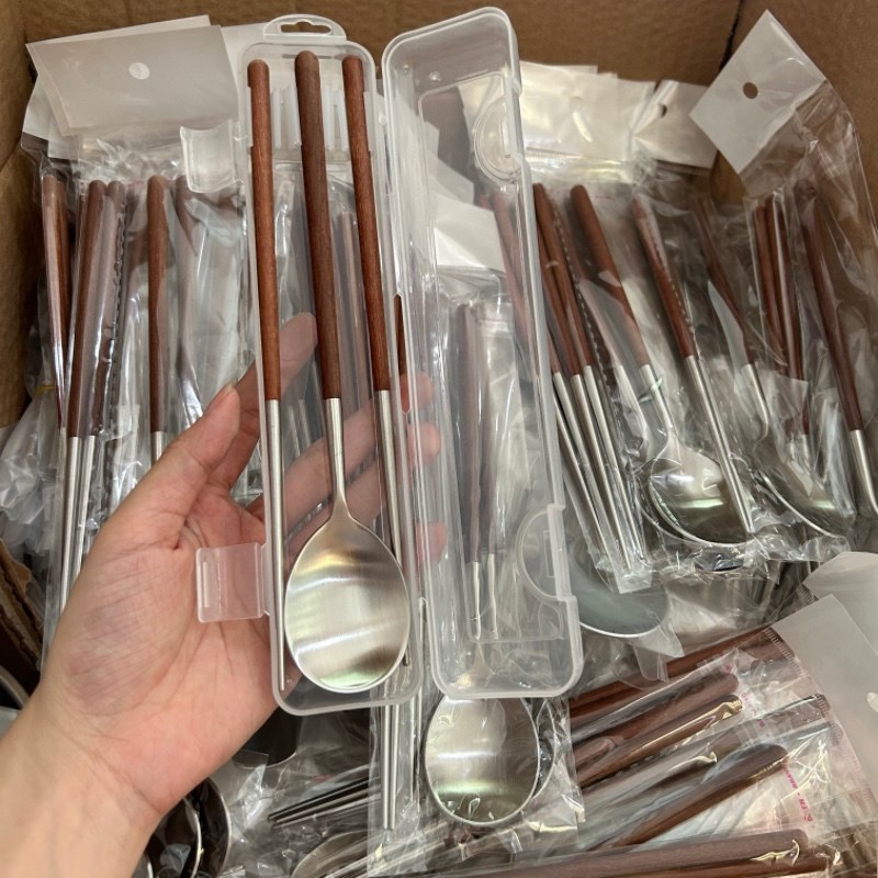 一诺厨房304便携式便当不锈钢筷子勺子套装高端家用鸡翅木餐具