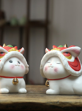 素烧陶瓷动物摆件舞狮猫可爱白瓷彩色卡通茶桌办公室桌面小工艺品