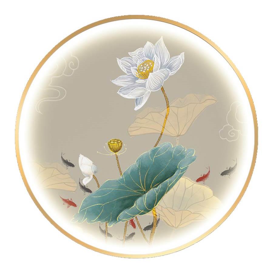 新中式荷花带灯装饰画入户玄关背景墙圆形挂画餐厅led灯发光壁画
