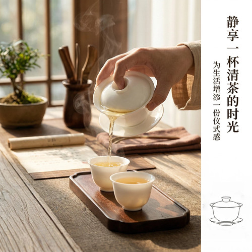 简约透光骨瓷盖碗茶杯套装