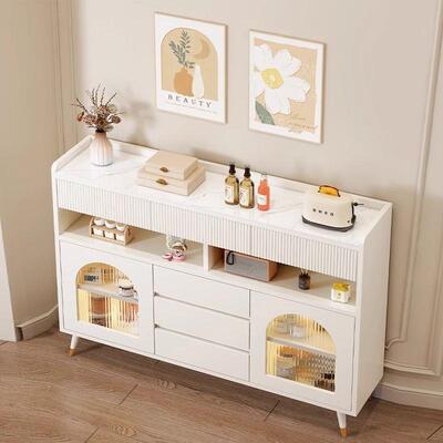 墙超薄20cm边岩餐柜简约现代茶水柜MCM轻奢奶油风碗板柜一体靠储