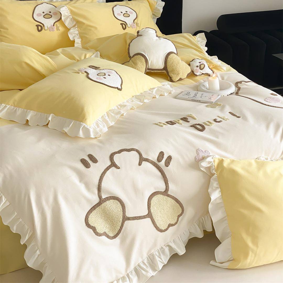 卡通卡全通风鸭子刺绣寝具家OAT保暖呆单双人床棉磨毛三四件套纺