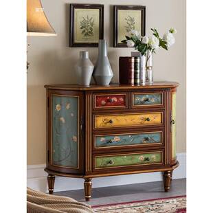 欧式美式乡村实木五玄绘关门厅柜手绘柜彩361半圆柜子储斗物收纳