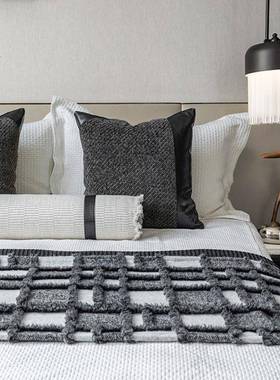 抱现件代简约床酒店民宿床尾巾灰黑枕毛呢格子LZP搭毯样板房品多